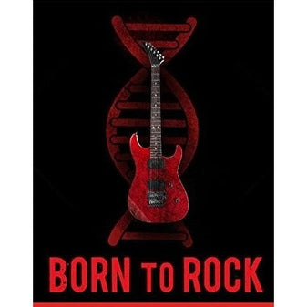 Here are some descriptive alt tags for the image, focusing on visual details:
*   "Red electric guitar over a red DNA helix, text 'BORN TO ROCK' below, black background."
*   "Illustration of red electric guitar superimposed on a DNA strand, with the phrase 'BORN TO ROCK' below."